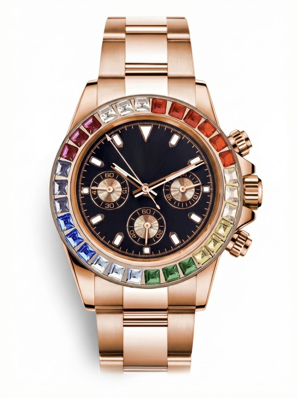 Tona Mod – Rose Gold · Rainbow Bezel · Black Dial – 40mm – Chronograph