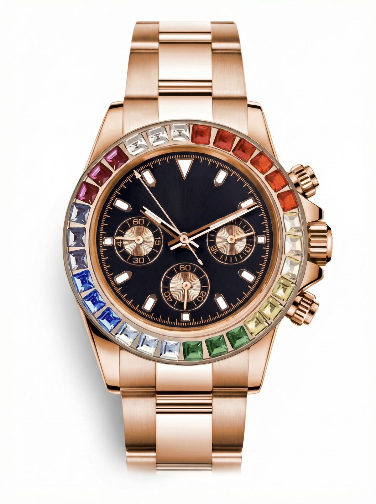 Tona Mod – Rose Gold · Rainbow Bezel · Black Dial – 40mm – Chronograph
