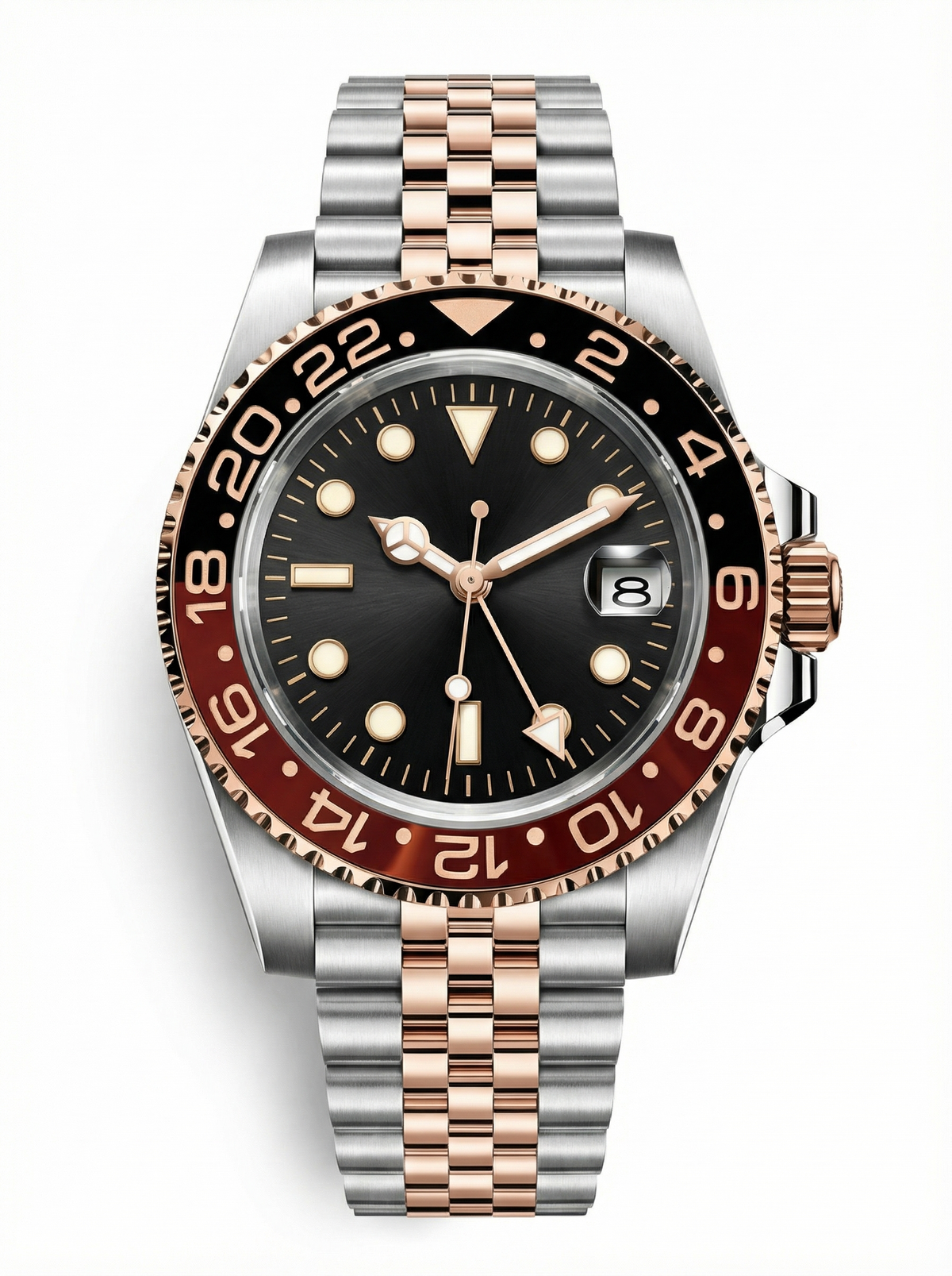 GMT Mod – Two-Tone Rose Gold · Red-Black Bezel – 40mm – Automatic GMT