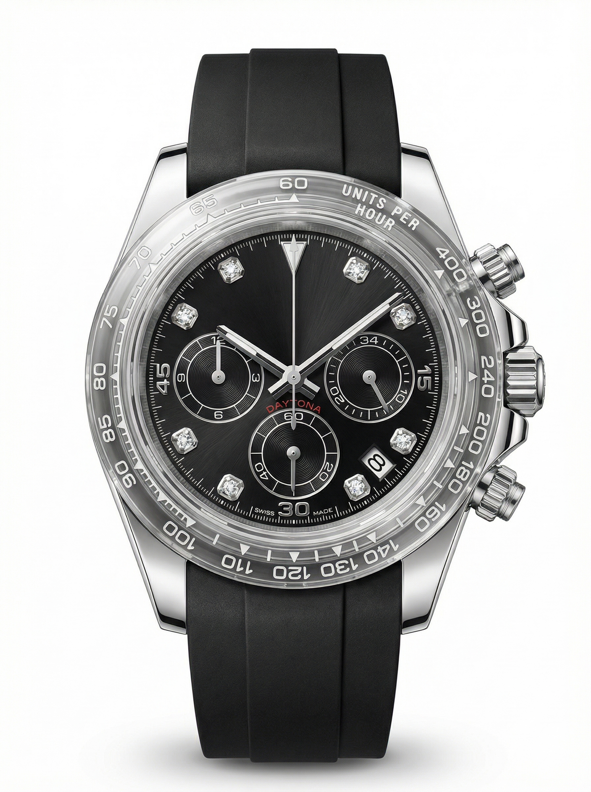 Tona Mod – Steel · Black Diamond Dial · Rubber – 40mm – Chronograph