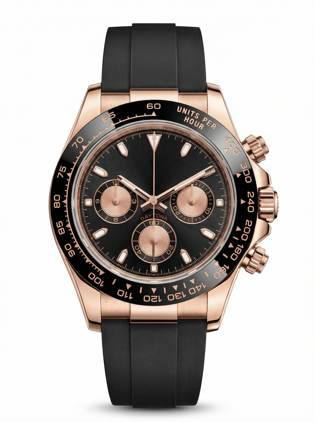 Tona Mod – Rose Gold · Black Dial · Rubber – 40mm – Chronograph