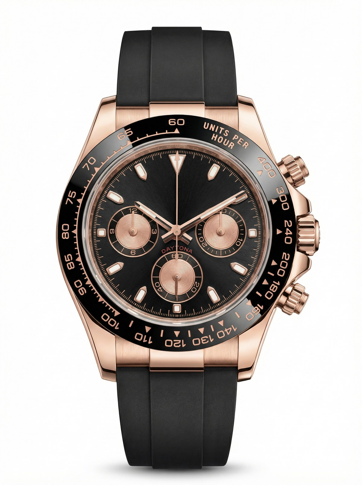 Tona Mod – Rose Gold · Black Dial · Rubber – 40mm – Chronograph