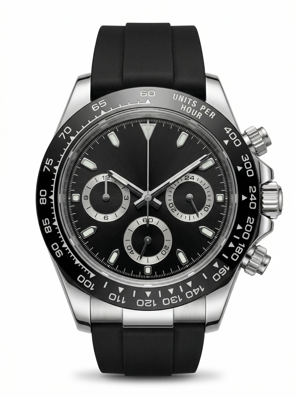 Tona Mod – Steel · Black Dial · Rubber – 40mm – Chronograph