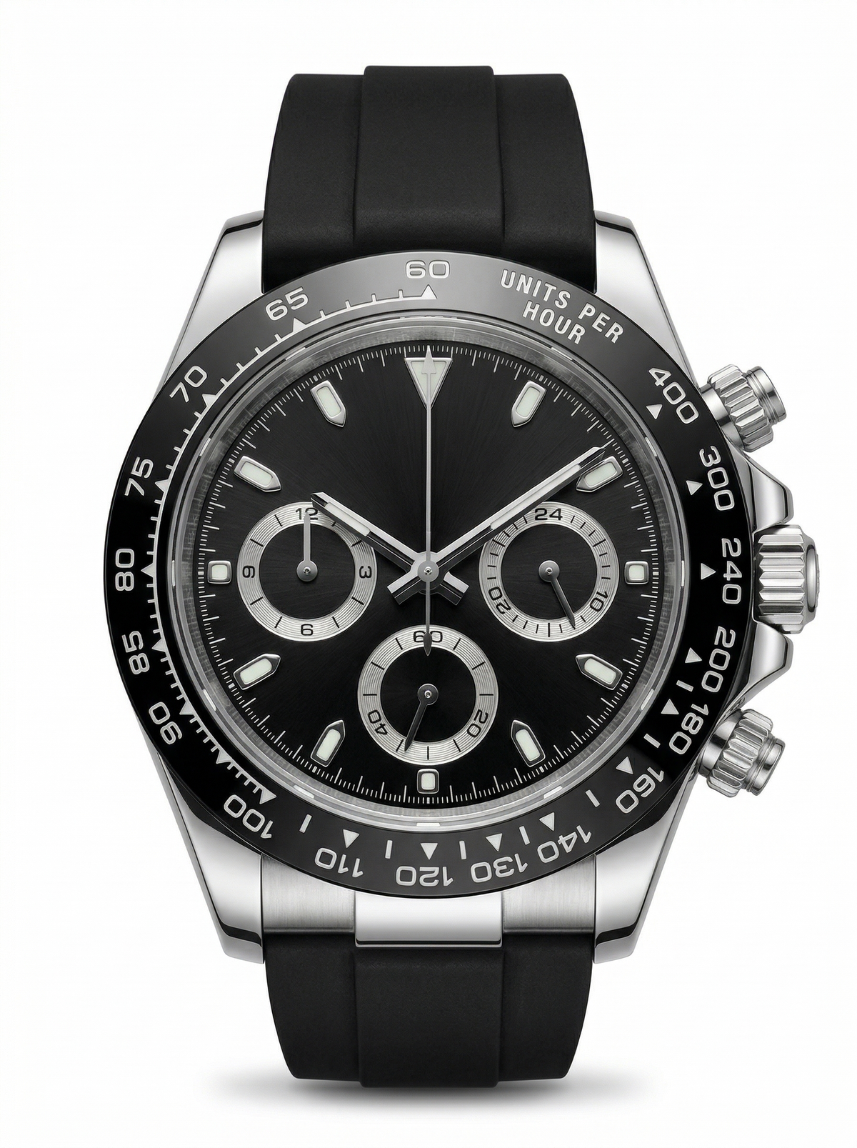 Tona Mod – Steel · Black Dial · Rubber – 40mm – Chronograph