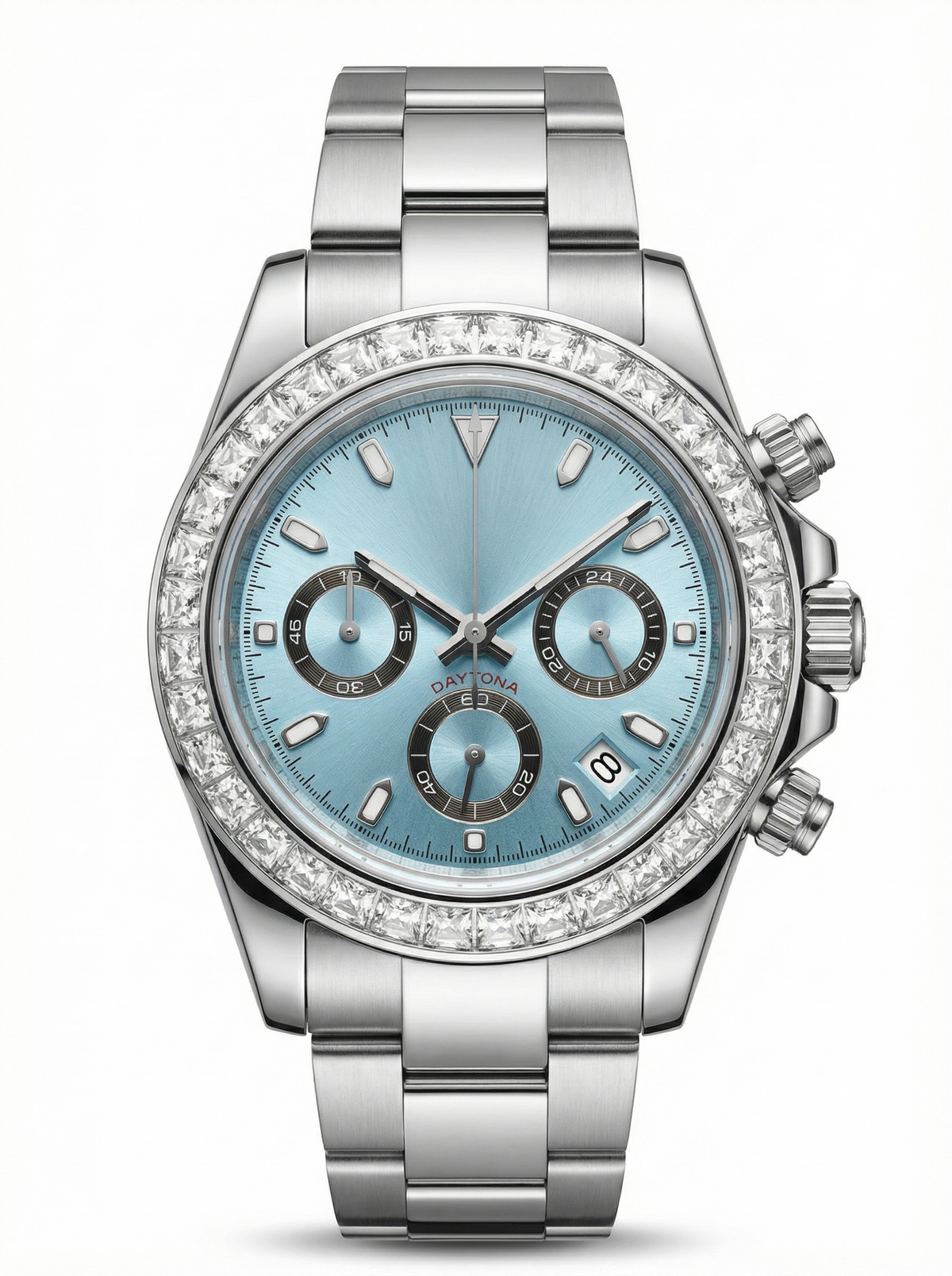 Tona Mod – Steel · Ice-Blue Dial · Diamond Bezel – 40mm – Chronograph
