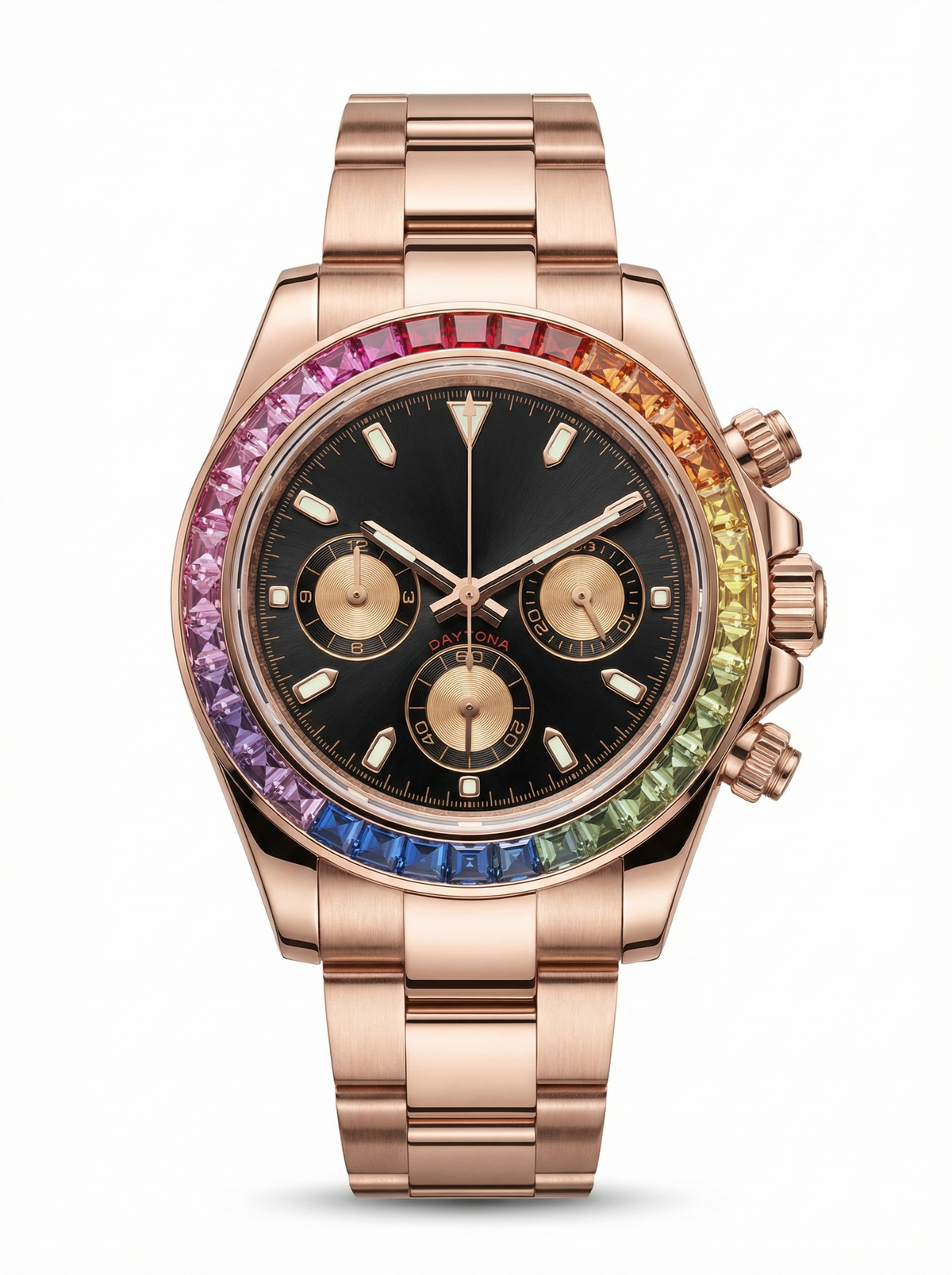 Tona Mod – Rose Gold · Rainbow Bezel · Black Gold Dial – 40mm – Chronograph