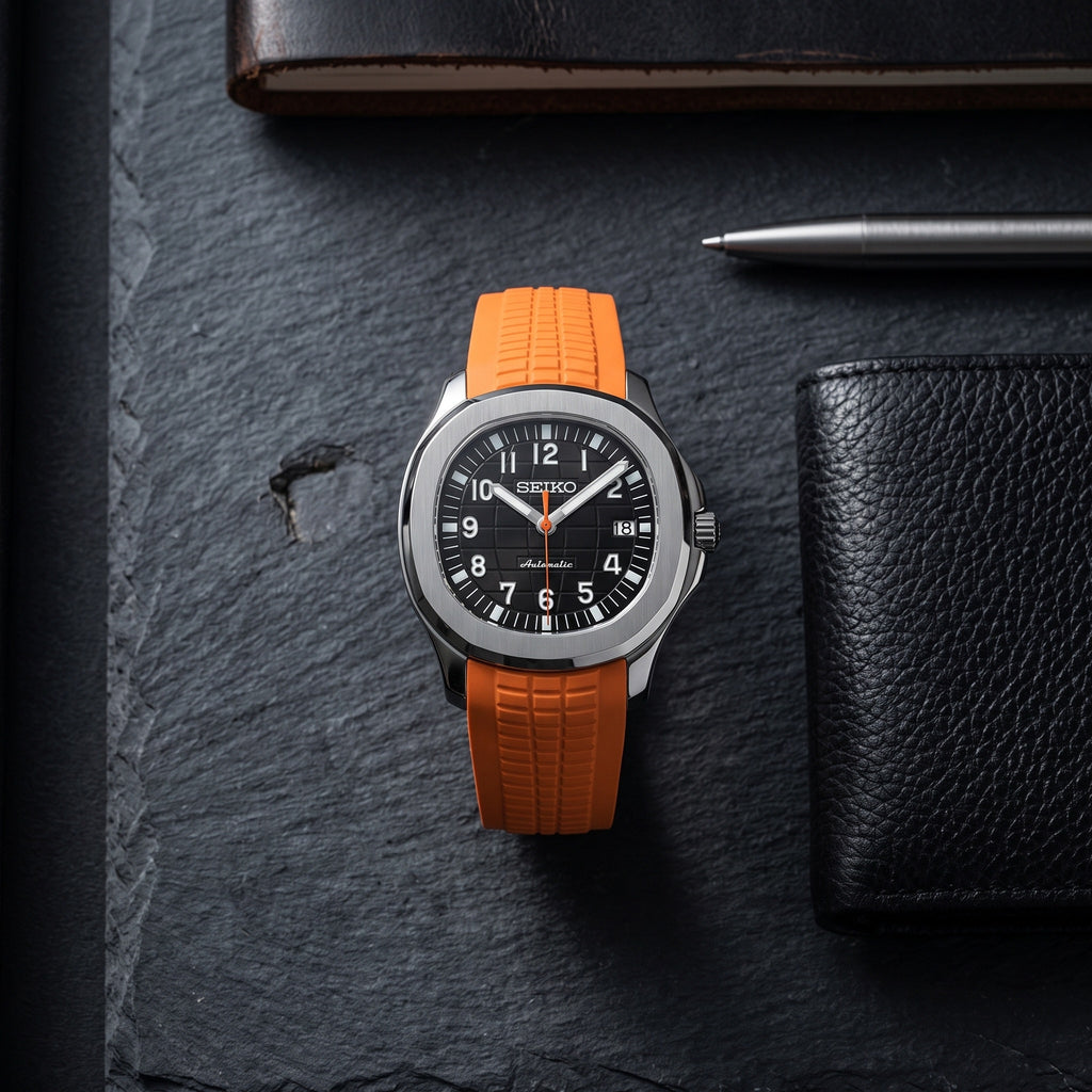 Aqua Mod – Black Dial Orange Accent – 41mm – Automatic – lifestyle flat lay