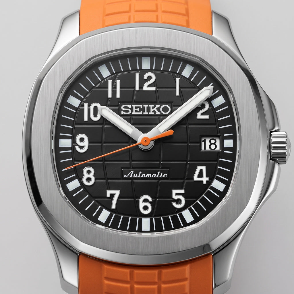 Aqua Mod – Black Dial Orange Accent – 41mm – Automatic – dial detail