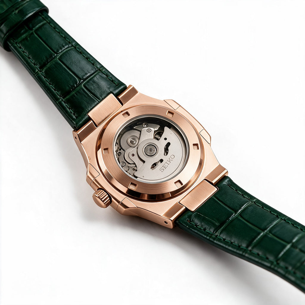 Exhibition case back with the Seiko NH35 automatic movement - rose gold, leather strap