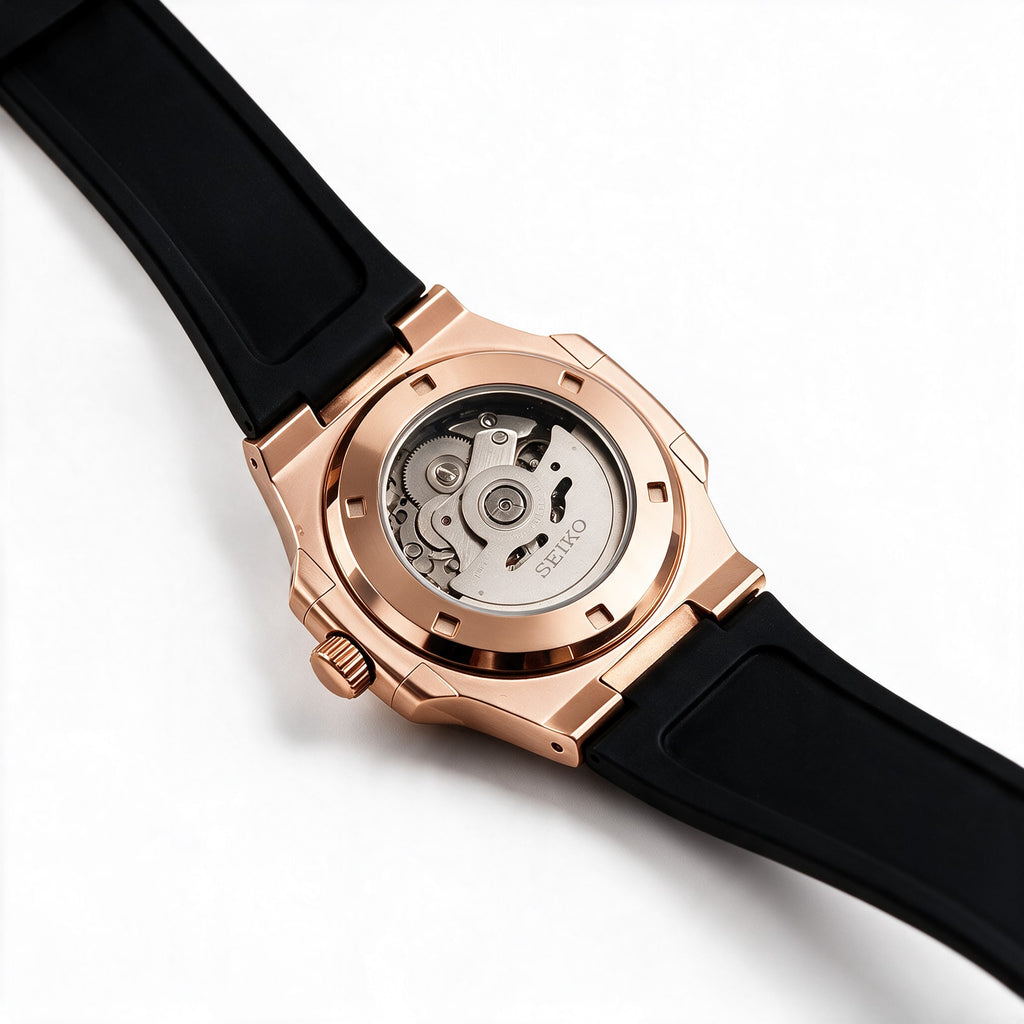 Exhibition case back with the Seiko NH35 automatic movement - rose gold, rubber strap