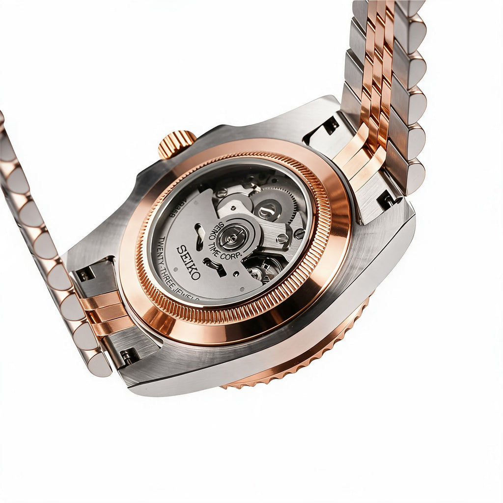 Exhibition case back with the Seiko NH35 automatic movement - two-tone steel and rose gold