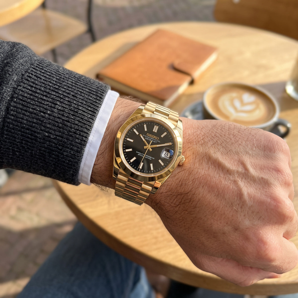 Date Mod – Gold · Grey Stick Dial – Automatic – on-wrist view