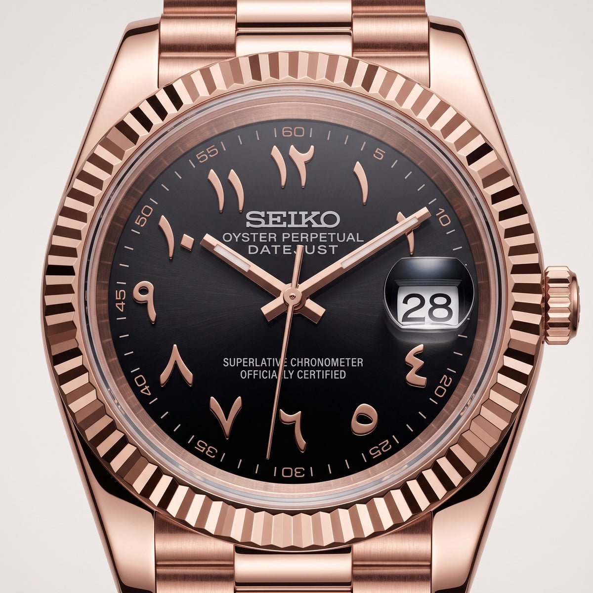 Date Mod – Rose Gold · Black Arabic Dial – Automatic – dial detail