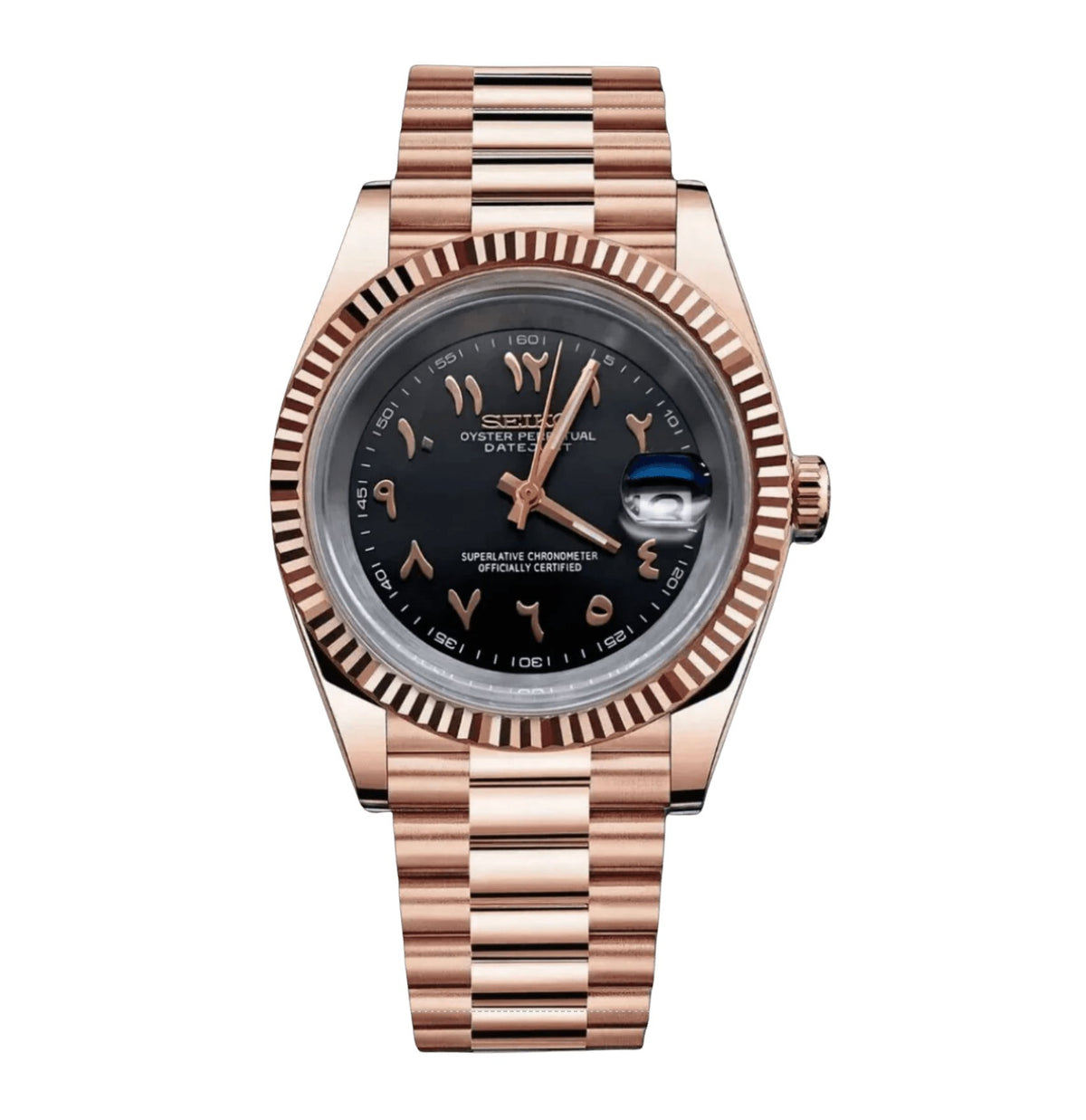 Date Mod – Rose Gold · Black Arabic Dial – Automatic — with Seiko logo