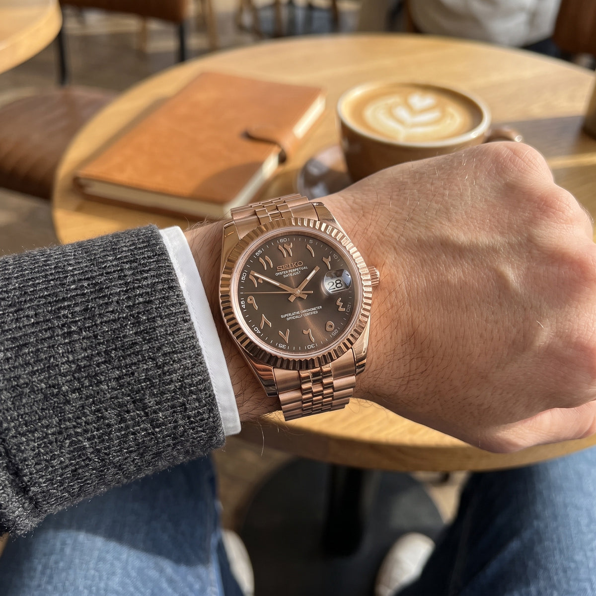 Date Mod – Rose Gold · Brown Arabic Dial – Automatic – on-wrist view