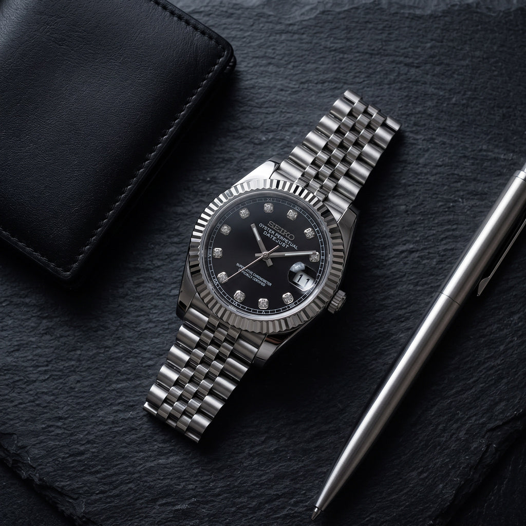 Date Mod – Steel · Black Diamond Dial – Automatic – lifestyle flat lay