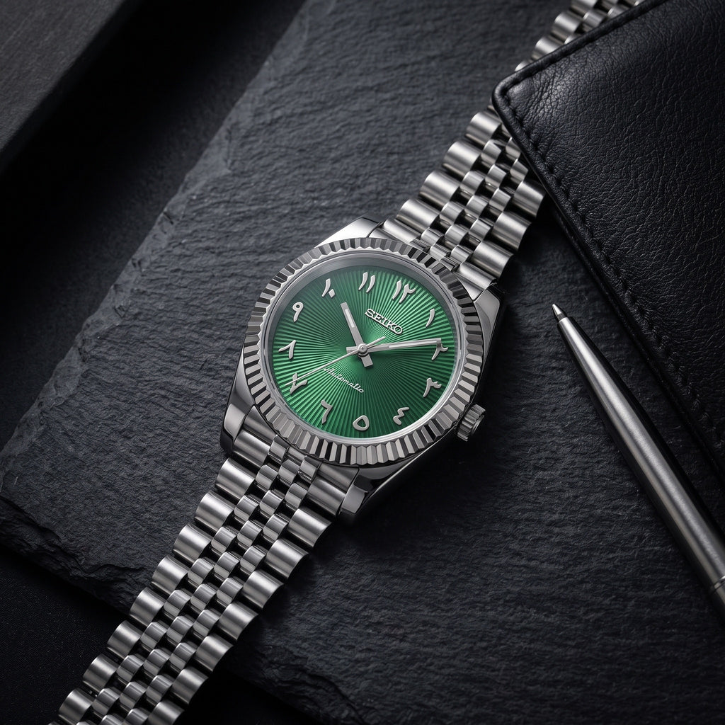 Date Mod – Steel · Green Arabic Dial III – Automatic – lifestyle flat lay