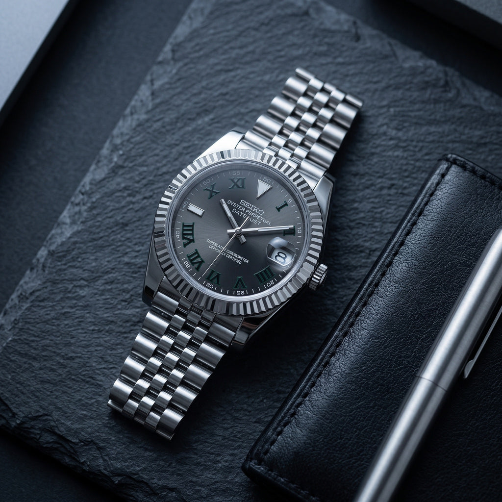 Date Mod – Steel · Green Stick Dial – Automatic – lifestyle flat lay