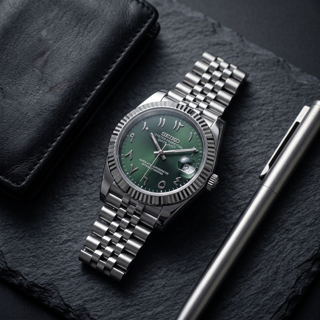 Date Mod – Steel · Green Stick Dial II – Automatic – lifestyle flat lay