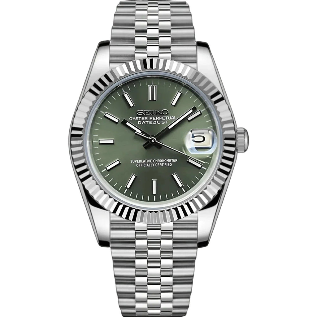 Date Mod – Steel · Green Stick Dial III – Automatic — with Seiko logo