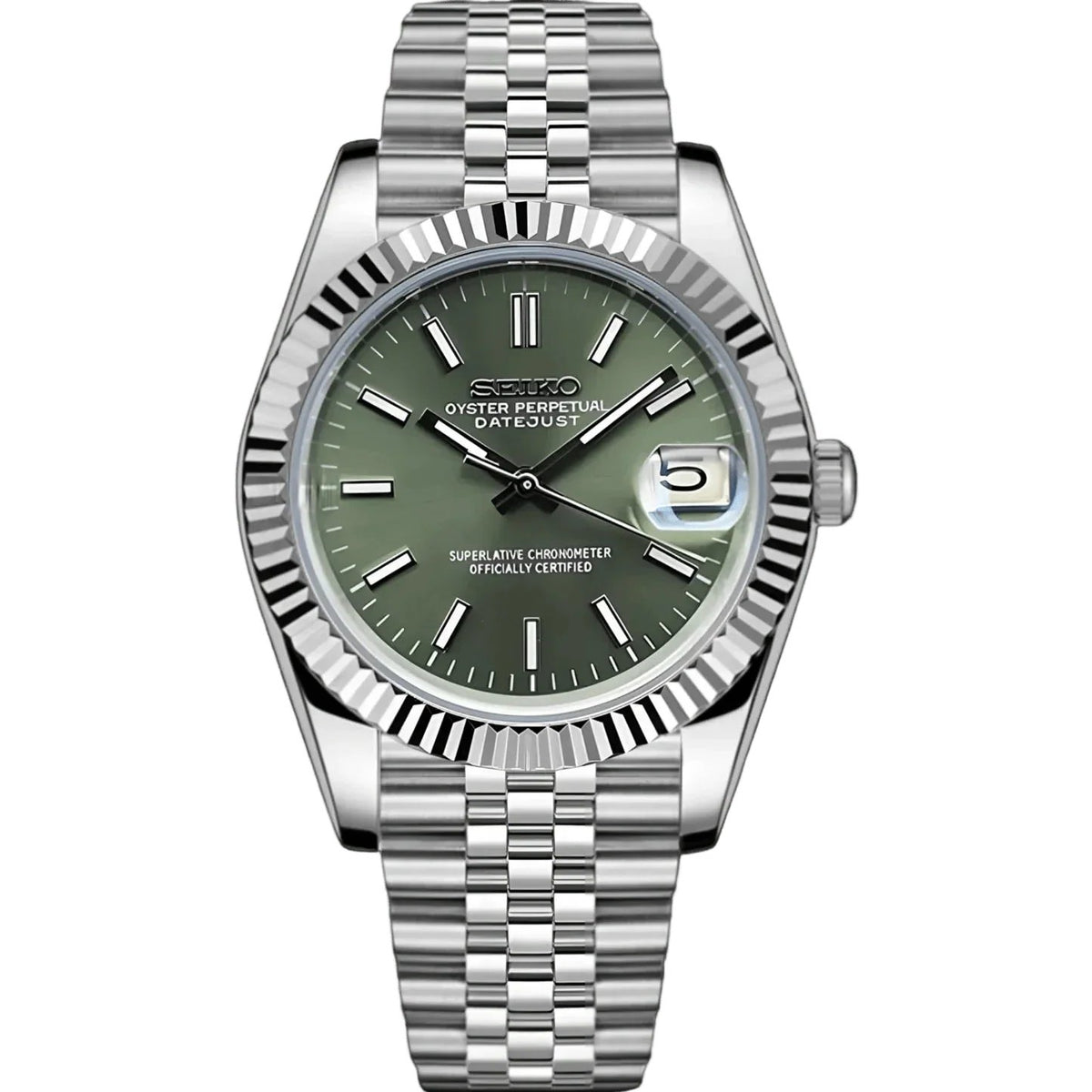 Date Mod – Steel · Green Stick Dial III – Automatic — with Seiko logo