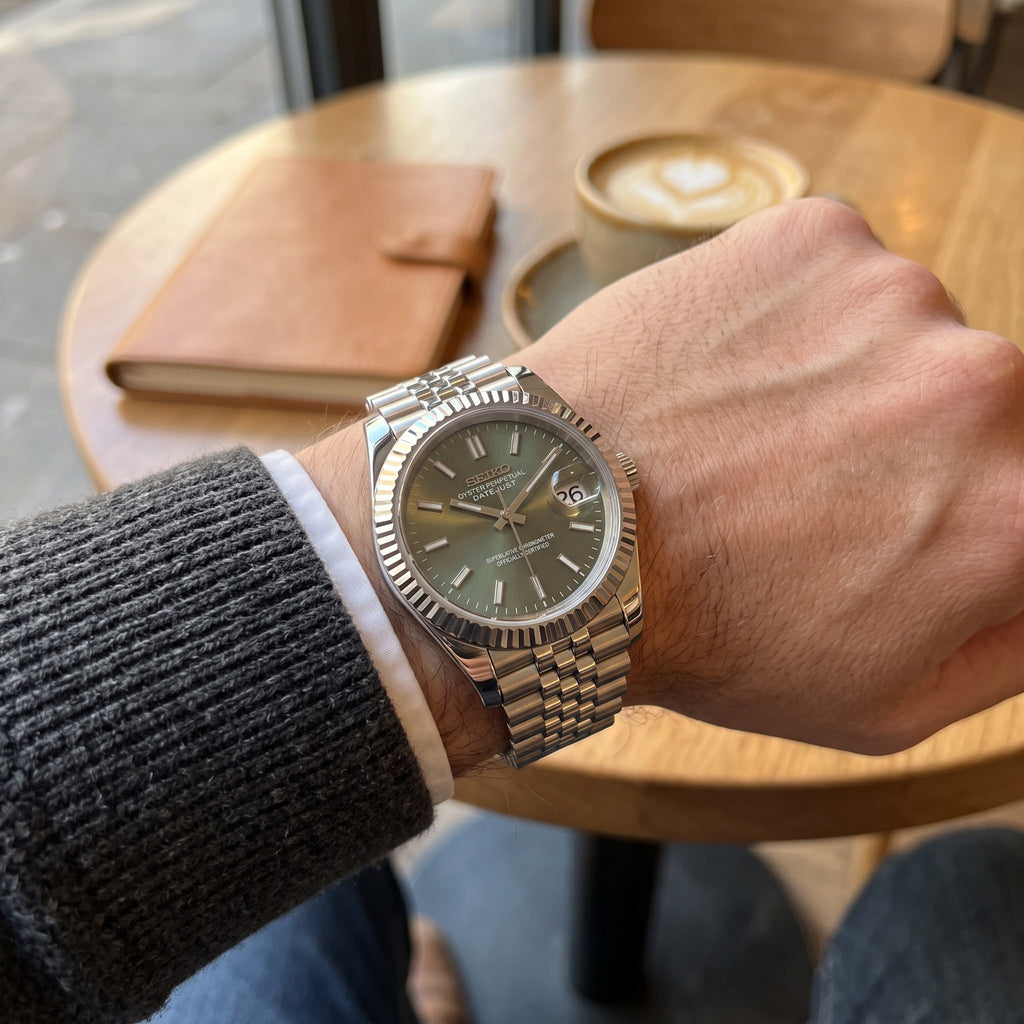 Date Mod – Steel · Green Sunburst Dial – Automatic – on-wrist view