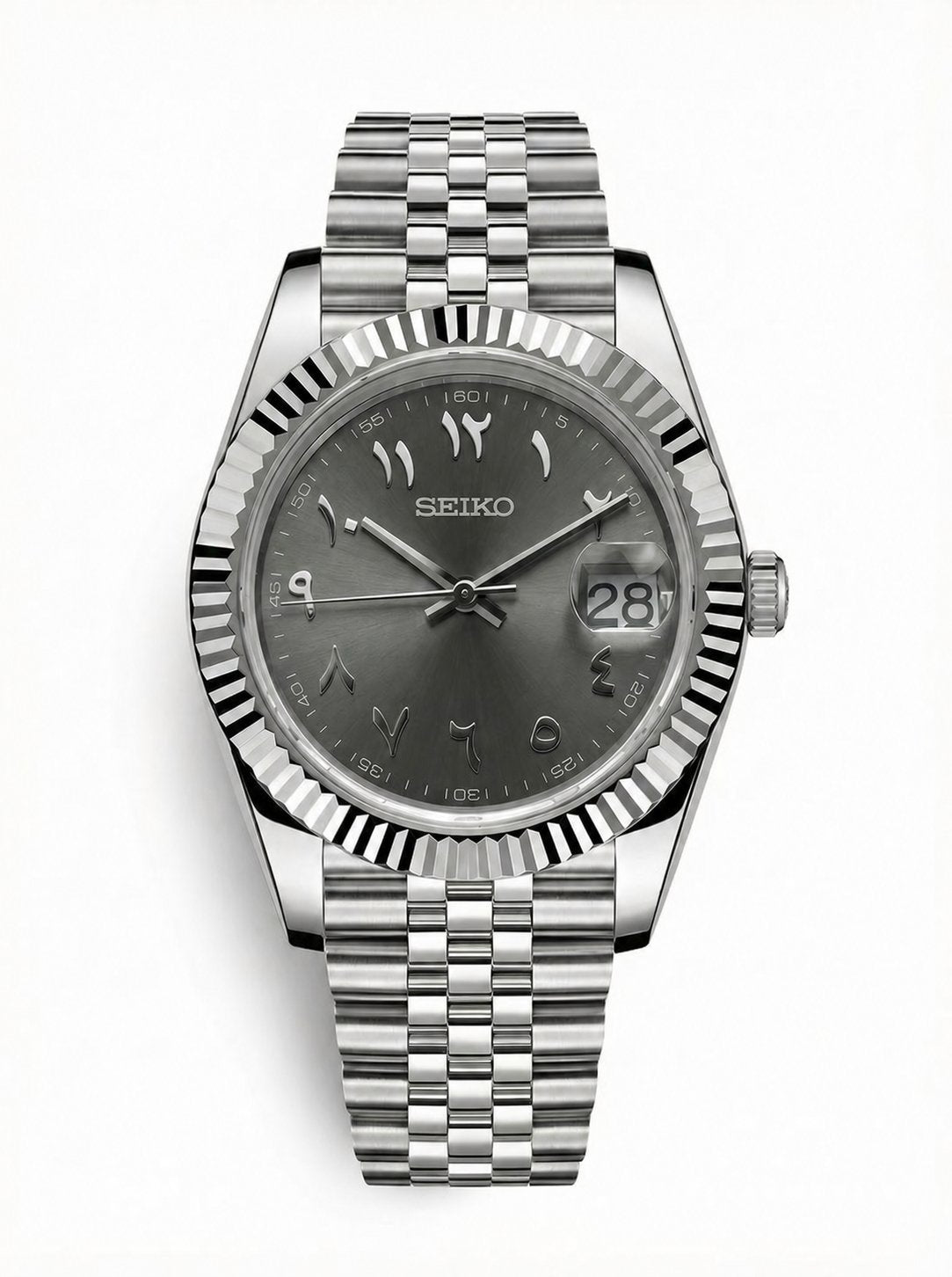 Date Mod – Steel · Grey Arabic Dial – Automatic — with Seiko logo