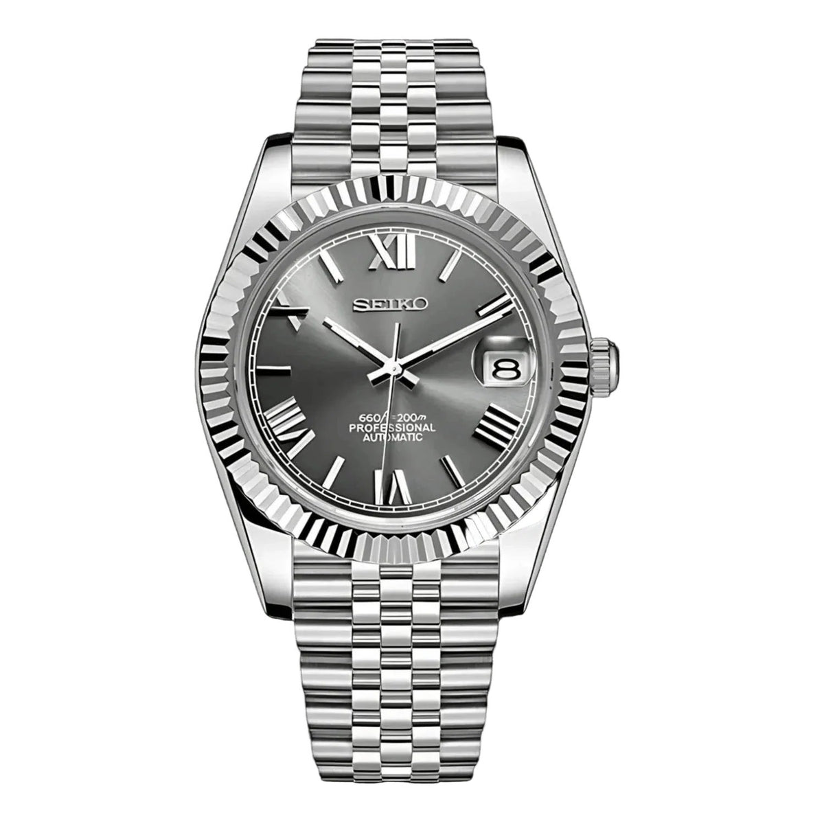 Date Mod – Steel · Grey Roman Dial – Automatic — with Seiko logo