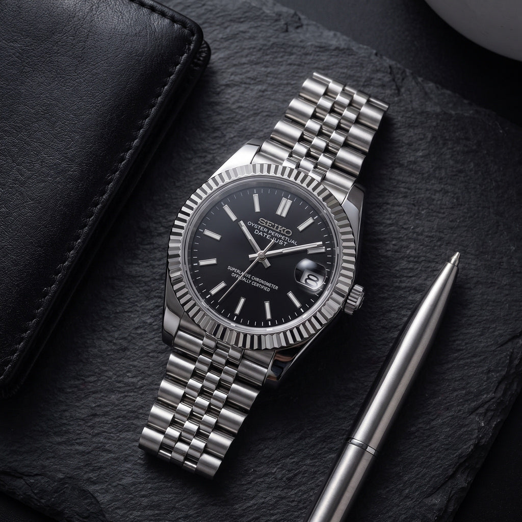Date Mod – Steel · Grey Stick Dial – Automatic – lifestyle flat lay