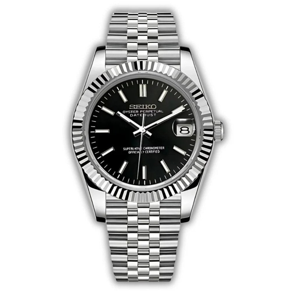 Date Mod – Steel · Grey Stick Dial – Automatic — with Seiko logo