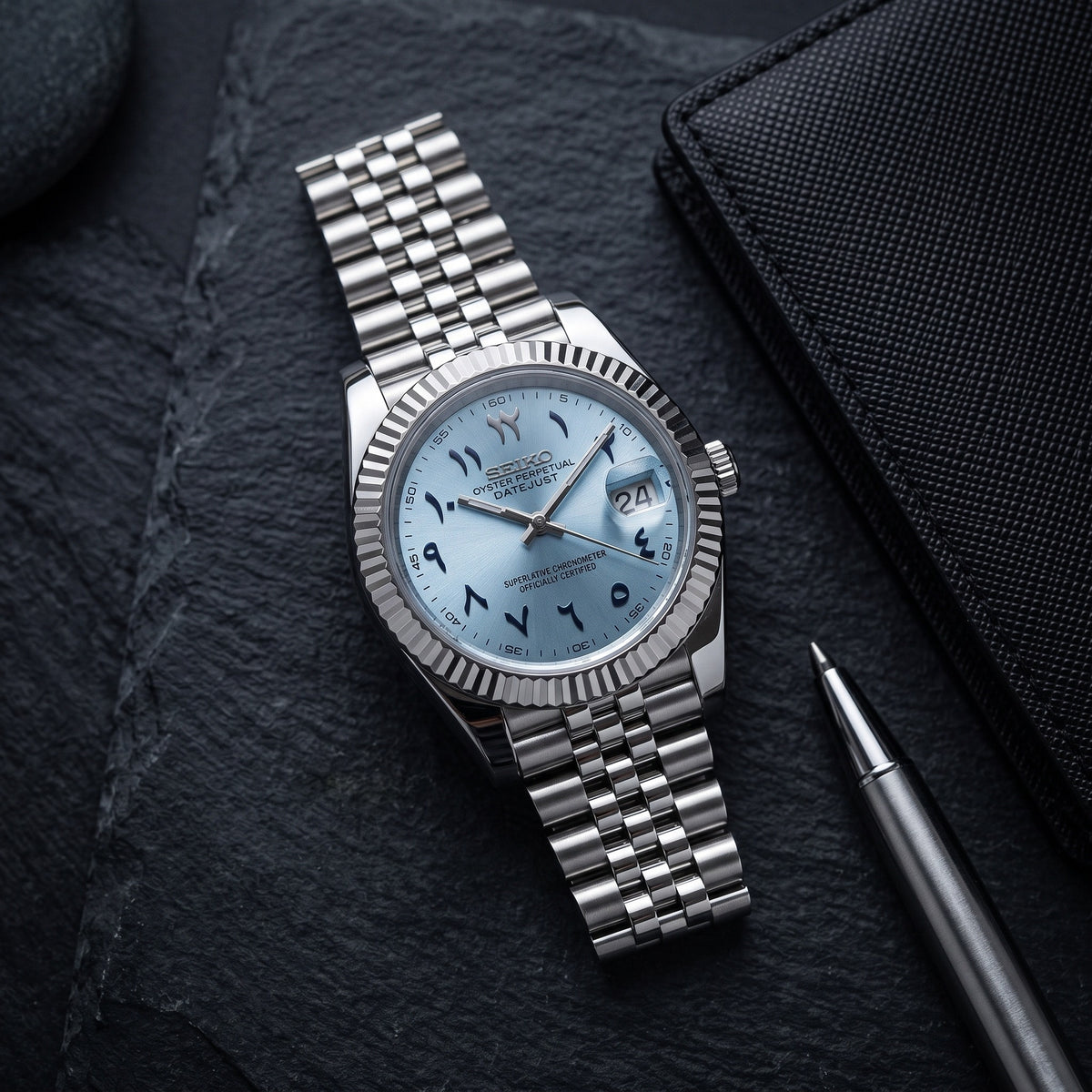 Date Mod – Steel · Ice-Blue Arabic Dial – Automatic – lifestyle flat lay