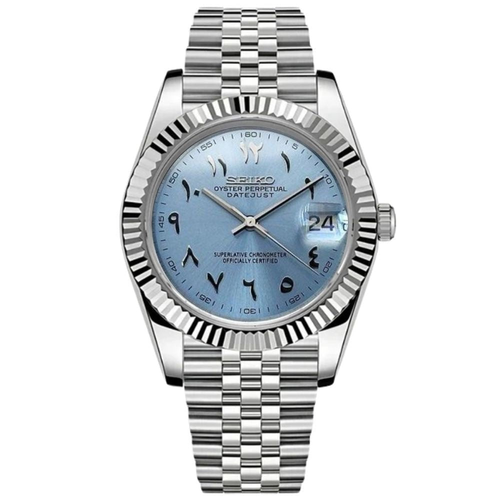 Date Mod – Steel · Ice-Blue Arabic Dial – Automatic — with Seiko logo