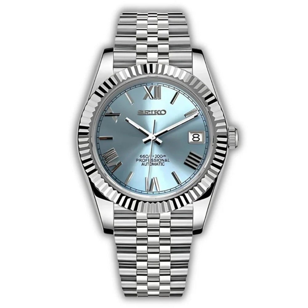 Date Mod – Steel · Ice-Blue Roman Dial – Automatic — with Seiko logo