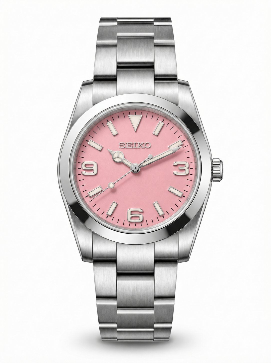 Date Mod – Steel · Pink Dial · Smooth Bezel – Automatic — with Seiko logo