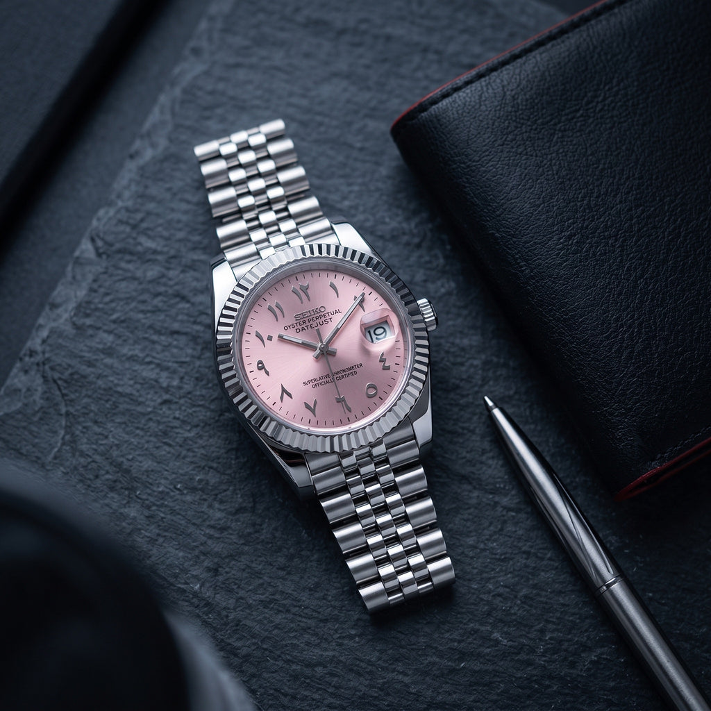Date Mod – Steel · Pink Stick Dial – Automatic – lifestyle flat lay
