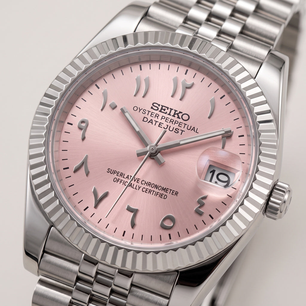 Date Mod – Steel · Pink Stick Dial – Automatic – dial detail