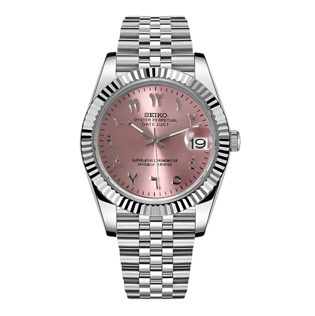 Date Mod – Steel · Pink Stick Dial – Automatic — with Seiko logo