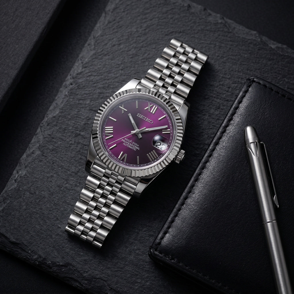 Date Mod – Steel · Purple Arabic Dial – Automatic – lifestyle flat lay