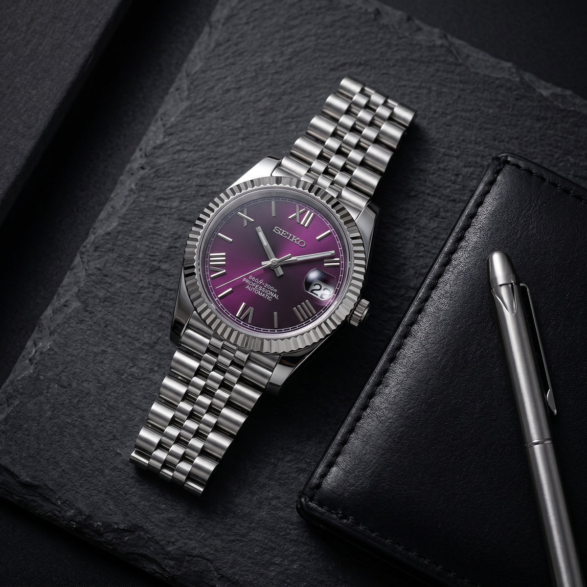 Date Mod – Steel · Purple Arabic Dial – Automatic – lifestyle flat lay