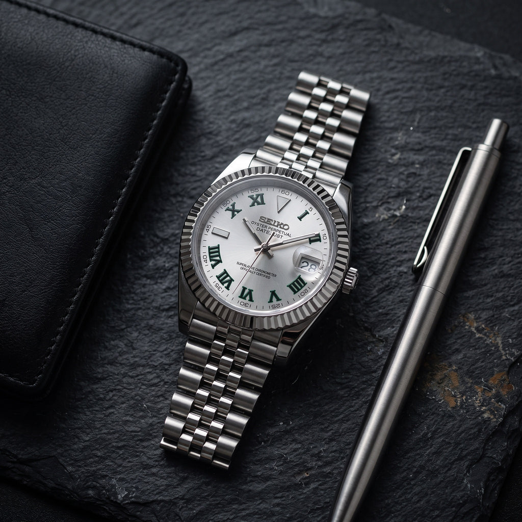Date Mod – Steel · Silver Green-Roman Dial – Automatic – lifestyle flat lay
