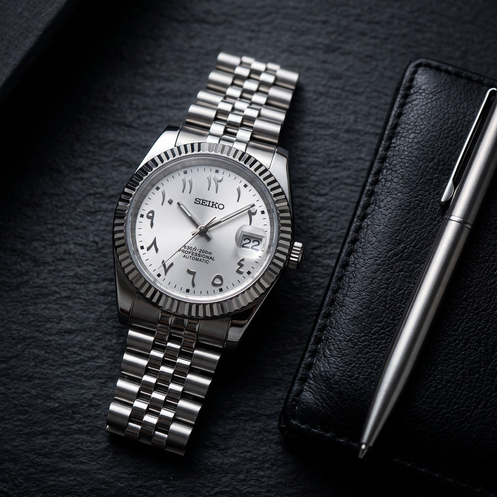 Date Mod – Steel · Silver Roman Dial II – Automatic – lifestyle flat lay