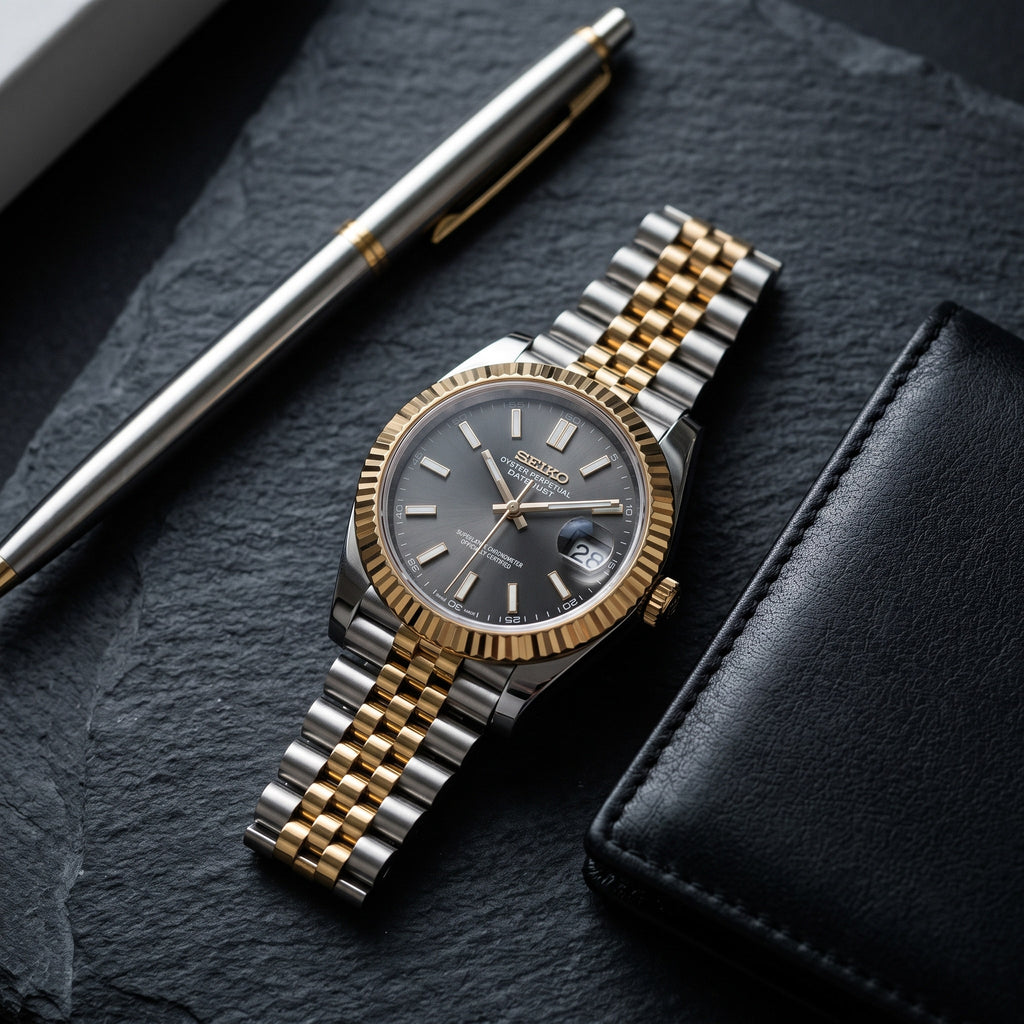 Date Mod – Two-Tone Gold · Grey Stick Dial – Automatic – lifestyle flat lay