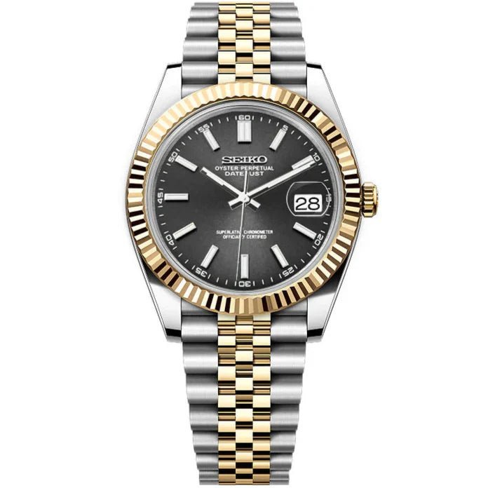 Date Mod – Two-Tone Gold · Grey Stick Dial – Automatic — with Seiko logo