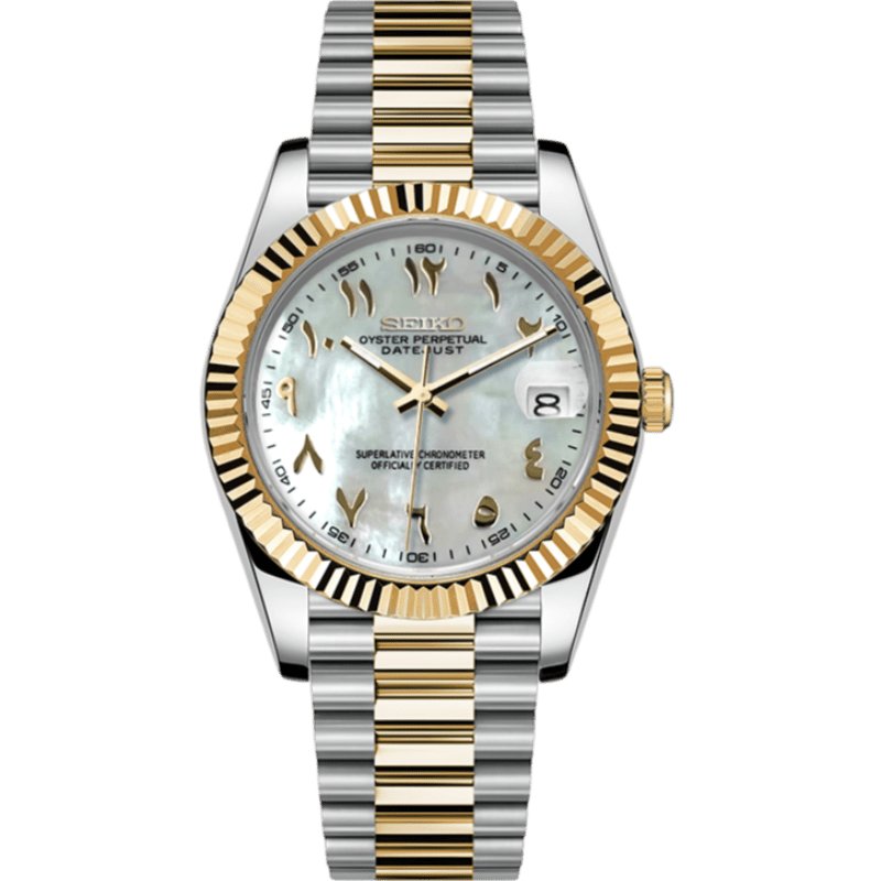 Date Mod – Two-Tone Gold · White MOP Arabic Dial – Automatic — with Seiko logo