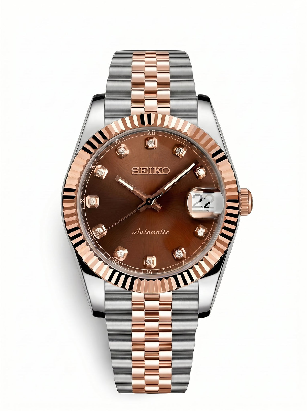 Date Mod – Two-Tone Rose Gold · Brown Diamond Dial – Automatic — with Seiko logo