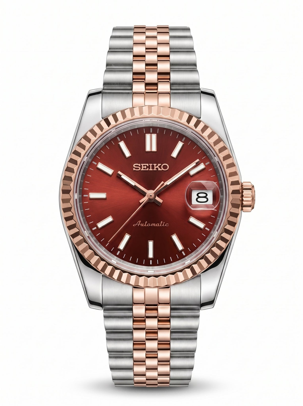 Date Mod – Two-Tone Rose Gold · Maroon Stick Dial – Automatic — with Seiko logo