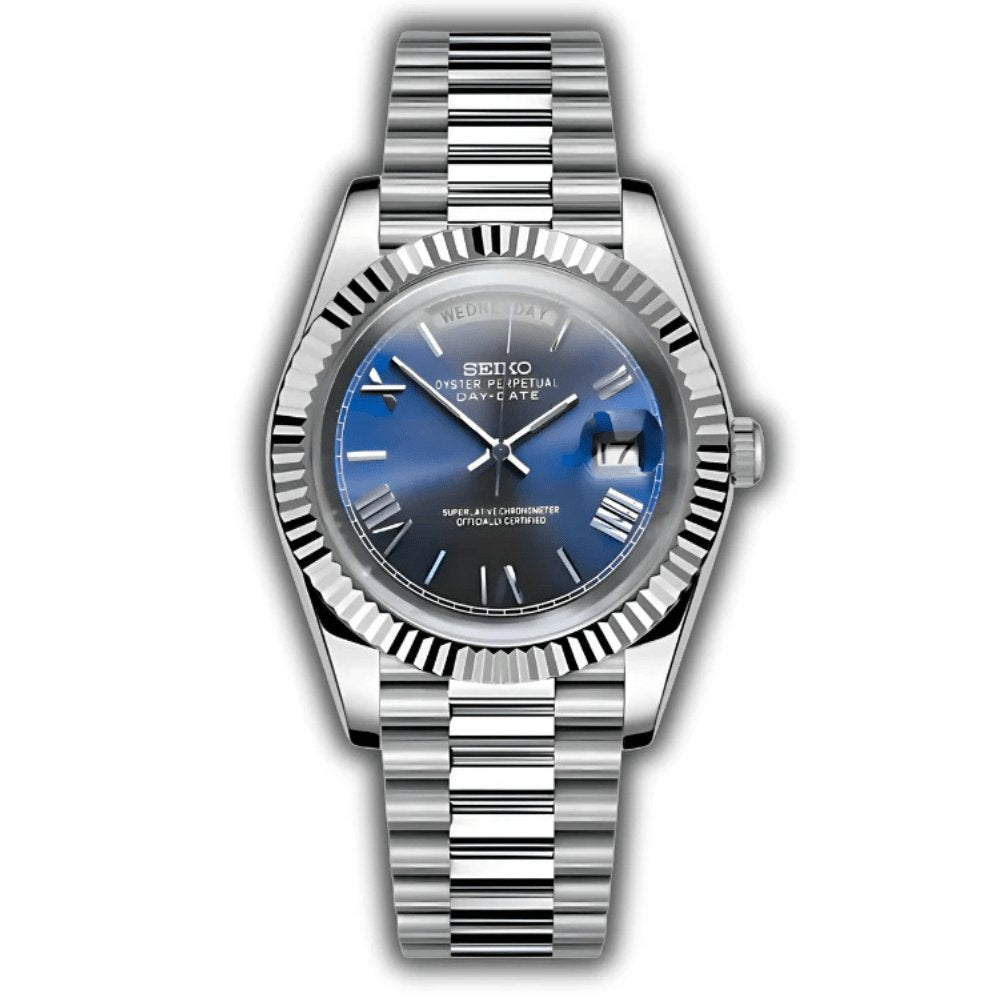 Day Mod – White Gold · Blue Roman Dial – 40mm – Automatic — with Seiko logo
