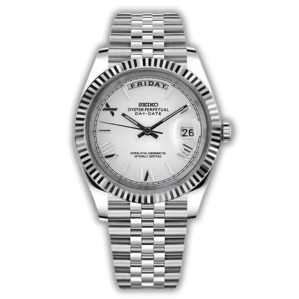 Day Mod – White Gold · White Roman Dial – 40mm – Automatic — with Seiko logo