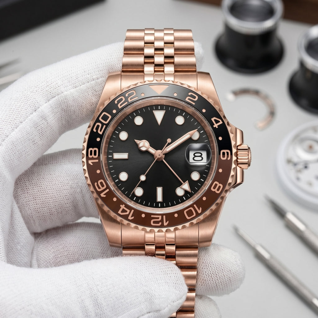 GMT Mod – Rose Gold · Brown-Black Bezel · Jubilee – 40mm – Automatic GMT - close-up detail