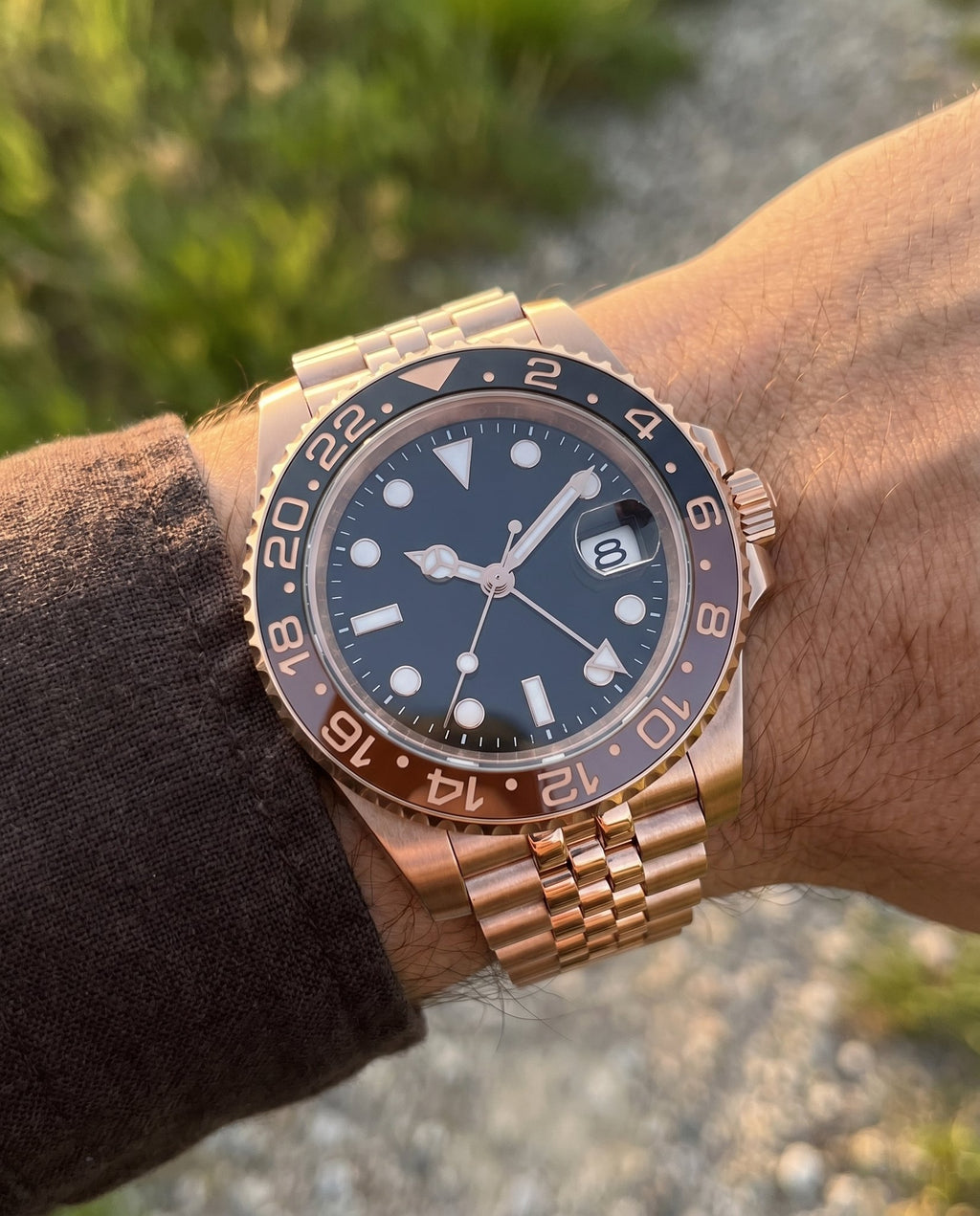 GMT Mod – Rose Gold · Brown-Black Bezel · Jubilee – 40mm – Automatic GMT - on-wrist lifestyle
